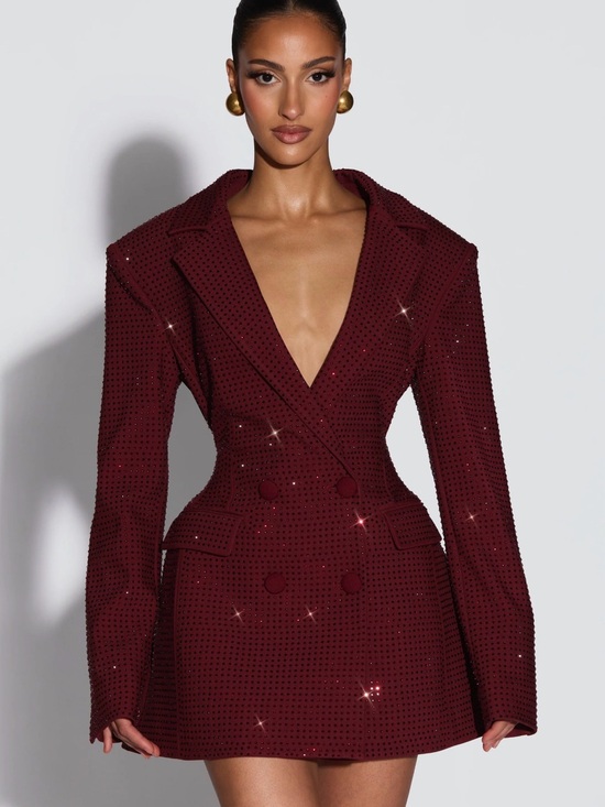 Babyboo Fashion Dresses & Skirts - BABYBOO Embellished Double-Breasted Women's Blazer Dress - Burgundy